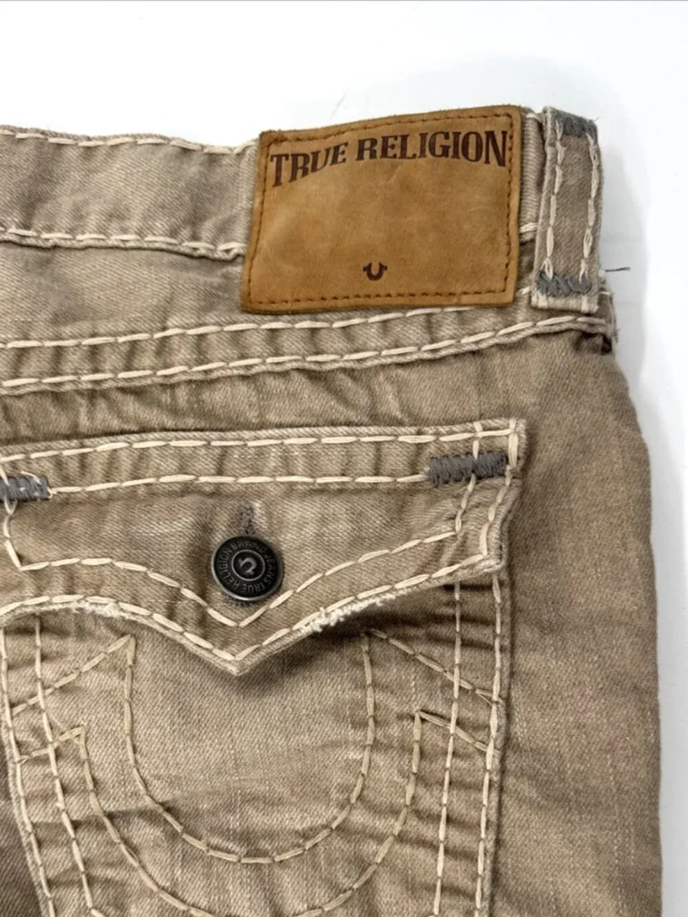 True Religion Tan Jeans Mens 38x34 Ricky Relaxed Denim Thick Stitch SuperT Flap